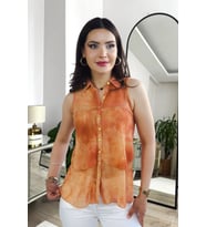 Lupinn Moda Kadın Turuncu Transparan Tül Kolsuz Düğmeli Bluz Gömlek, Kadın Gömlek