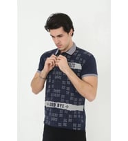 Erkek Yakalı Slim Fit Baskılı T-Shirt - Lacivert