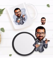 BK Gift Kişiye Özel Erkek Patron Karikatürlü Beyaz Kupa ve Ahşap Bardak Altlığı Hediye Seti-3