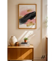 Pembe Altın Fırça Soyut, Ahşap Çerçeveli Duvar Tablosu - Modern Ev Dekorasyonu