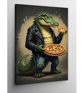 Kanvas Tablo Pizza Tutan Deri Ceketli Timsah