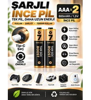 Type-C Şarjlı 800mWh 1.5V Şarj Edilebilir 2'li AAA İnce Pil - lityum iyon Batarya