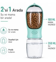 Mama Hazneli Köpek Suluğu - 350 ml Su ve 180 ml Mama Kapasiteli Taşınabilir Şişe - Kedi Köpek Seyahat Kabı - Kilitli Düğmeli Yürüyüş Aksesuarı (PEMBE)