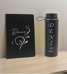 BK Gift Kişiye Özel İsimli Siyah Defter ve Cam Matara Hediye Seti-6, Sevgiliye Hediye, Arkadaşa Hediye, Yeni İş Hediyesi
