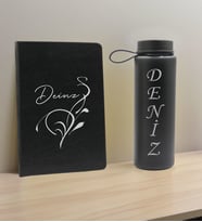 BK Gift Kişiye Özel İsimli Siyah Defter ve Cam Matara Hediye Seti-6, Sevgiliye Hediye, Arkadaşa Hediye, Yeni İş Hediyesi