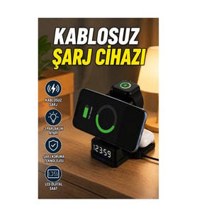 LED Saatli Kablosuz Şarj Cihazı – 3 Parlaklık Seviyeli 4’ü 1 Arada