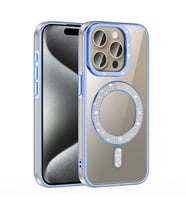 iPhone 15 Pro Max Kılıf Pırlanta Taş Tasarımlı M-safe Şarj Özellikli Karetta Silikon Kapak (Mavi)