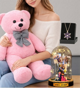 Pembe Peluş Ayıcık Size Özel Led Işıklı Fanus ve Gerçek Ametist Taşlı Lotus Kolye Seti (Model 8)