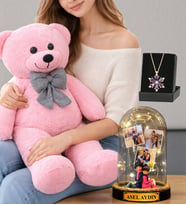Pembe Peluş Ayıcık Size Özel Led Işıklı Fanus ve Gerçek Ametist Taşlı Lotus Kolye Seti (Model 8)