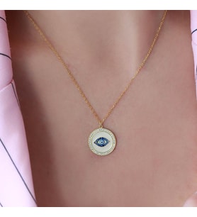 Göz Model Zirkon Taş Çerçeveli Gold Kaplama Gümüş Kolye