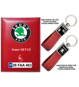 Plakanıza Özel Skoda Logolu Kırmızı Ruhsat Kabı ve Anahtarlık