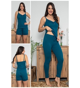 Kadın Petrol Renkli Dantel Detaylı Şortlu Ve Taytlı Pijama Takımı 3'lü Set 75007