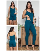 Kadın Petrol Renkli Dantel Detaylı Şortlu Ve Taytlı Pijama Takımı 3'lü Set 75007
