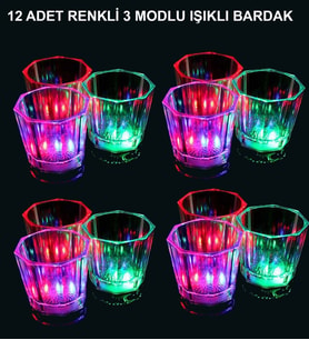 LED Işıklı Eğlence Bardakları - 3 Modlu Renk Değiştiren Bardak 12 Adet (5343)