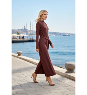 Kadın Maxi Bodycon Drapeli Yüksek Yaka Uzun Kol Örme Kumaş Bağlama Detaylı Düz Desen