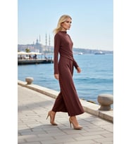 Kadın Maxi Bodycon Drapeli Yüksek Yaka Uzun Kol Örme Kumaş Bağlama Detaylı Düz Desen