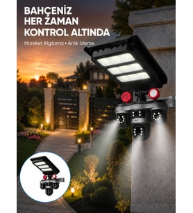 Güneş Enerjili 3 Lens Akıllı Güvenlik Kamerası LED Projektörlü Dış Mekan Koruma Sistemi