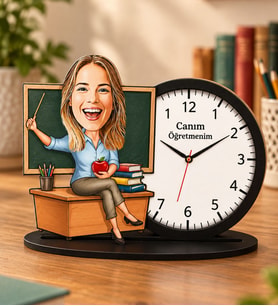 Kişiye Özel Karikatürlü Öğretmen Ahşap Biblo Masa Saati