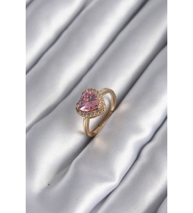 Pirinç Gold Renk Pembe Zirkon Taş Kalp Charm Model Kadın Yüzük