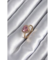 Pirinç Gold Renk Pembe Zirkon Taş Kalp Charm Model Kadın Yüzük
