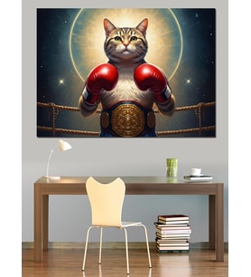 Boks Eldivenli Güçlü Modern Kedi Dekoratif Kanvas - Mdf Ahşap Tablo