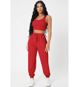 pilelistore Kadın Kırmızı Kaşkorse Cepli Jogger Eşofman Altı Ve Crop Top Bluz
