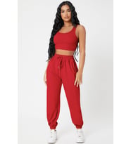 pilelistore Kadın Kırmızı Kaşkorse Cepli Jogger Eşofman Altı Ve Crop Top Bluz