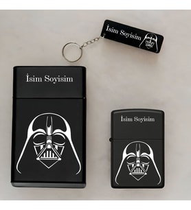 Darth Vader Desenli İsimli Çakmak,Metal Tabaka ve Anahtarlık Seti - 3'lü Hediye Set S17