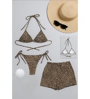 Kadın 3'lü Set Leopar Desenli Şortlu ve Yandan Bağlamalı Bikini Mayo Takımı