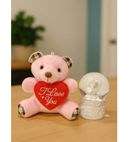 Sevimli Mini Peluş Ayıcık ve Mini Melek Kar Küresi Set Pembe
