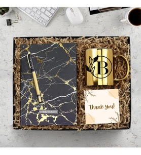 Mermer Desenli Defter & Gold Siyah Roller Kalem & Gold Renk Kupa Hediye Seti