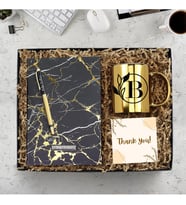 Mermer Desenli Defter & Gold Siyah Roller Kalem & Gold Renk Kupa Hediye Seti