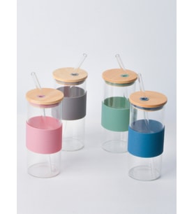 Bambu Kapaklı Cam Pipetli Kupa 400 Ml 1 Adet Gri