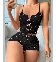 Lily Bianca Kalp Desenli Siyah/Pembe %100 Pamuk Croptop Mini Şort Pijama Takımı -13011 (Çok Renkli)