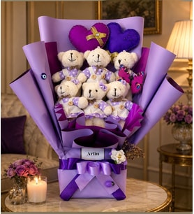 Premium Lila Beyaz, Kız-Erkek, Giysili Aksesuarlı El Yapımı Peluş Ayıcık Buketi / Tüm Özel Günler için
