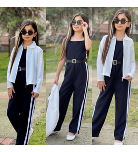 MODAVALS KEMER HEDİYELİ BELİ LASTİKLİ ŞERİT DETAYLI GARSON BOY KIZ ÇOCUK SİYAH TULUM & CEKET KOMBİN