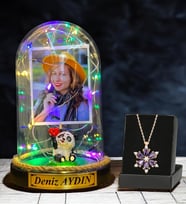 Size Özel Renkli Led Işıklı Fanus ve Gerçek Ametist Taşlı Lotus Kolye - Premium Hediye Seti (Model 8)