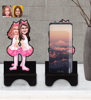 BK Gift Kişiye Özel Kız Kardeşler Karikatürlü Ahşap Biblo Telefon Standı-3