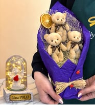 Peluş Ayıcık Buketi ve Kişiye Özel Led Işıklı Beyaz Melekli Fanus