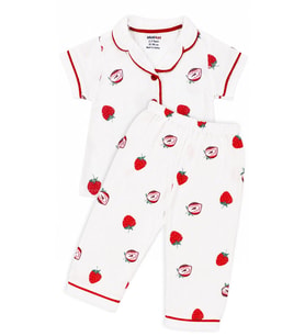 Kız Bebek Beyaz Kırmızı Çilek Baskılı Müslin Pijama Takımı