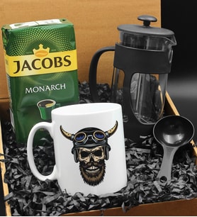 Özel Tasarımlı Kasklı Kuru Kafa Kupa & French Press & 250 Gram Jacobs Monarch Filtre Kahve Hediye Seti