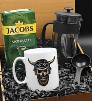 Özel Tasarımlı Kasklı Kuru Kafa Kupa & French Press & 250 Gram Jacobs Monarch Filtre Kahve Hediye Seti
