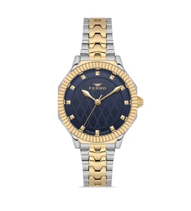 Ferro FL21632AWT-D3 Quartz Çelik Altın Gri Lacivert Kadran 32 mm Kadın Kol Saati