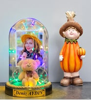 Kişiye Özel Fotoğraflı Yazılı Renkli Led Işıklı Fanus ve Bal Kabağı Biblosu (Model 9)
