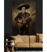 Gitar Çalan Mariachi İskelet Portre Dekoratif Kanvas - Mdf Ahşap Tablo
