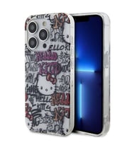 Apple iPhone 15 Pro Max Uyumlu Kılıf Hello Kitty Orjinal Lisanslı İkonik Logolu Etiket Graffiti Kapak (Beyaz)