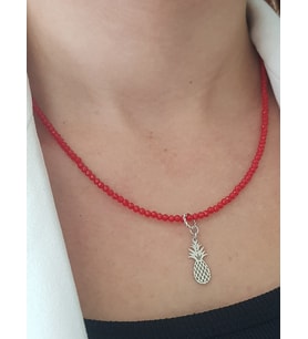 Kırmızı Bohem Otantik Doğaltaş Gümüş Kolye