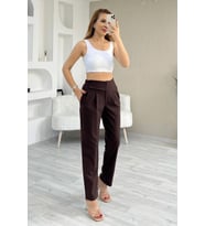Kadın Cleo Yüksek Bel Arkası Lastikli Yandan Çift Düğmeli Kumaş Pantolon