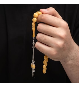 Sıkma Kehribar 925 Ayar Gümüş Tesbih (Bej)