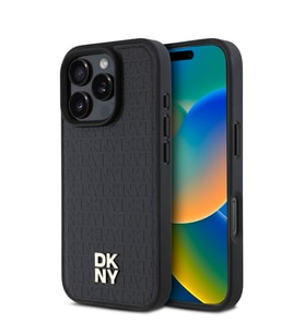 Apple iPhone 16 Pro Uyumlu Kılıf DKNY Orjinal Lisanslı M-safe Şarj Özellikli 3D Yazılı Repeat Pattern Kapak (Siyah)